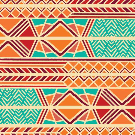 Padrão boêmio colorido étnico tribal com elementos geométricos, pano de lama africano, desenho tribal  Ilustração