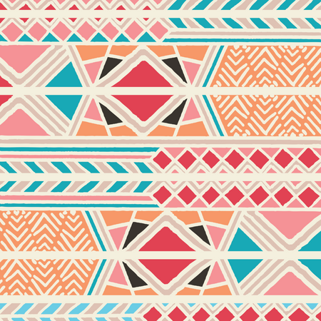 Padrão boêmio colorido étnico tribal com elementos geométricos, pano de lama africano, desenho tribal  Ilustração