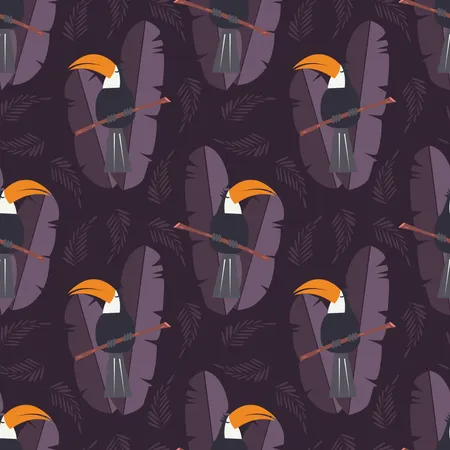 Padrão perfeito com tucano fofo papagaio da selva em fundo roxo  Ilustração