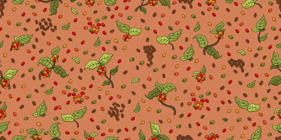 Padrão sem emenda de planta de folhas e frutos de café  Ilustração