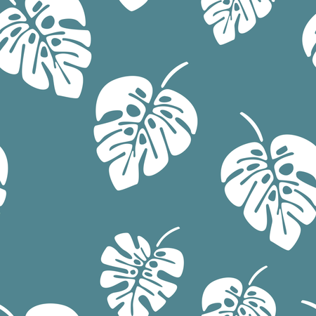 Padrão perfeito de verão com folhas de palmeira monstera brancas sobre fundo azul  Ilustração