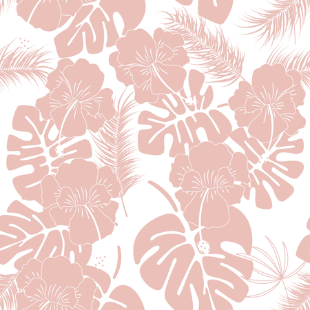 Padrão tropical sem costura com folhas e flores de monstera rosa em fundo branco  Ilustração