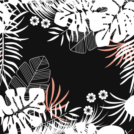 Padrão tropical sem costura de verão com folhas de palmeira monstera e plantas em fundo escuro  Ilustração