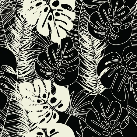 Padrão tropical sem costura de verão com folhas de palmeira monstera e plantas em fundo escuro  Ilustração