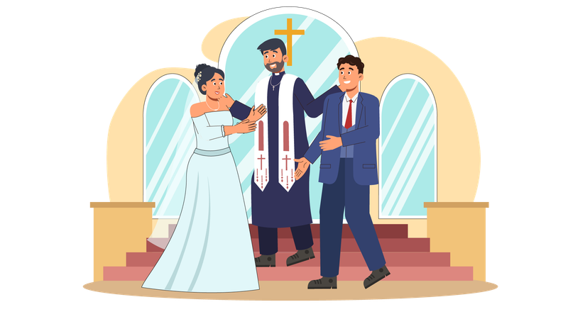 Padre dando bênção ao casal de noivos na igreja  Ilustração