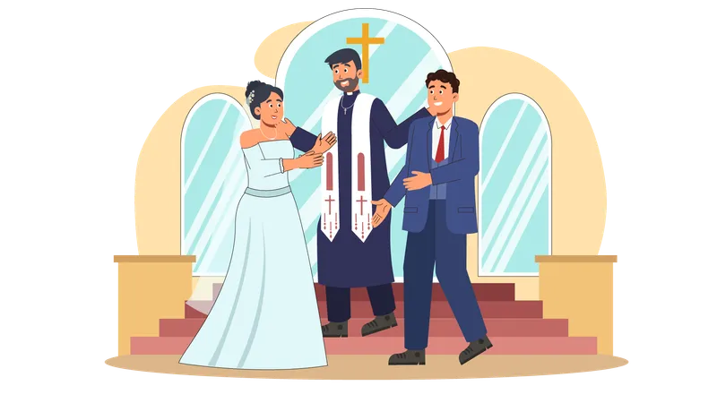 Padre dando bênção ao casal de noivos na igreja  Ilustração