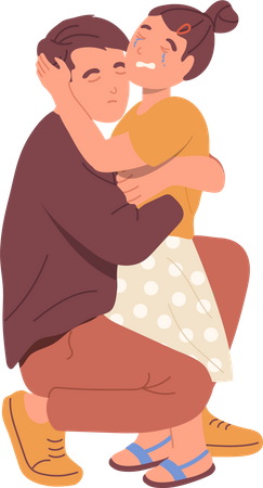 Padre amoroso abrazando a su pequeña hija llorando tratando de ayudar y calmar  Ilustración
