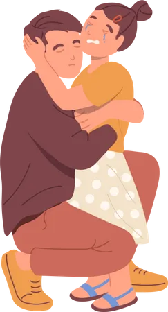 Padre amoroso abrazando a su pequeña hija llorando tratando de ayudar y calmar  Ilustración