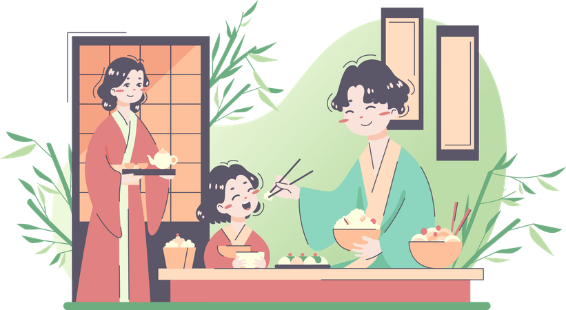 El padre japonés alimenta a su hija.  Ilustración