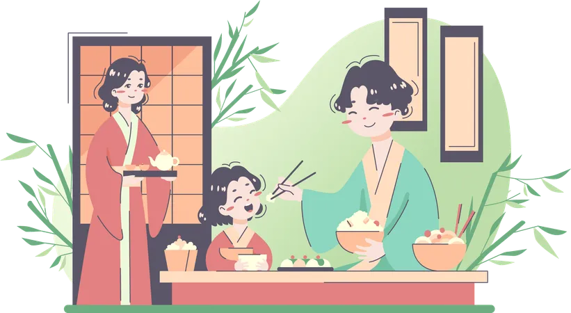 El padre japonés alimenta a su hija.  Ilustración