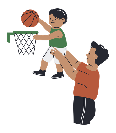 Papá apoya a su hijo jugando al baloncesto  Ilustración