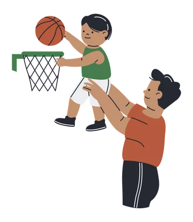 Papá apoya a su hijo jugando al baloncesto  Ilustración