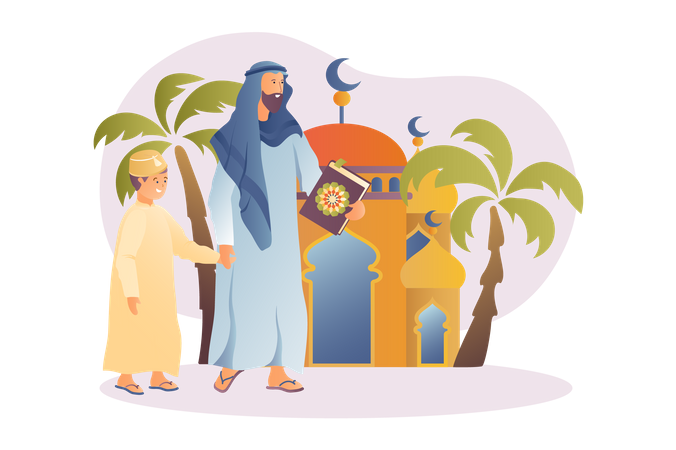 Padre árabe yendo a la mezquita con su hijo  Ilustración