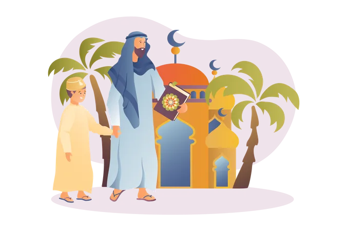 Padre árabe yendo a la mezquita con su hijo  Ilustración