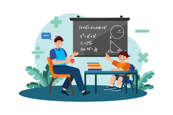Un padre ayuda a su hijo con su tarea de matemáticas.  Ilustración