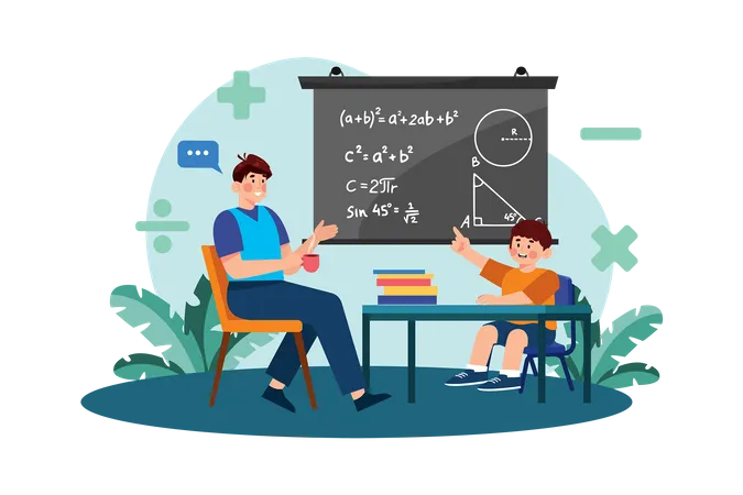 Un padre ayuda a su hijo con su tarea de matemáticas.  Ilustración