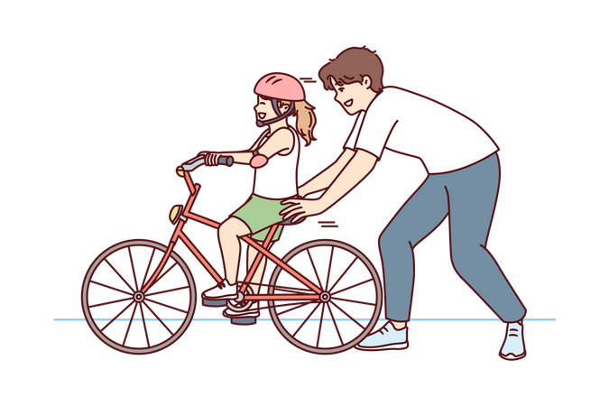 Padre ayudando a su hija a aprender a andar en bicicleta  Ilustración