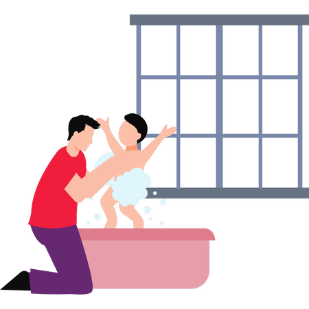Padre bañando al bebé  Ilustración