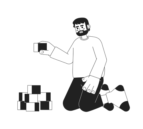 Feliz padre barbudo jugando con cubos constructores  Ilustración