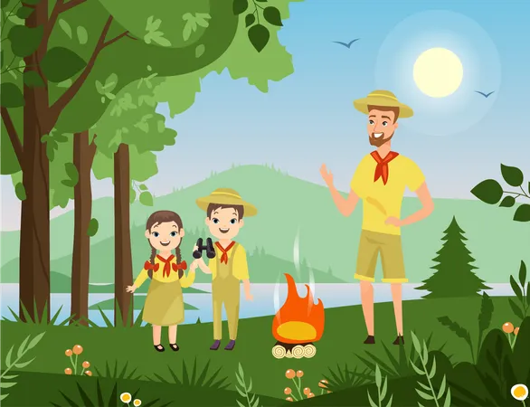 Padre acampando con niños  Ilustración