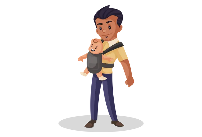 Padre llevando a un niño en una bolsa de transporte para bebés  Ilustración