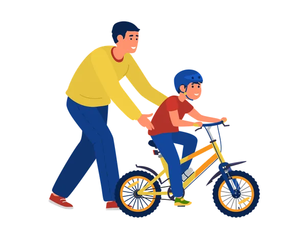 Padre cariñoso enseñando a su hijo a andar en bicicleta  Ilustración