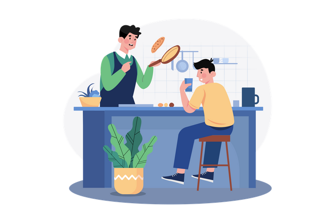 Padre cocinando con su hijo en la cocina  Ilustración