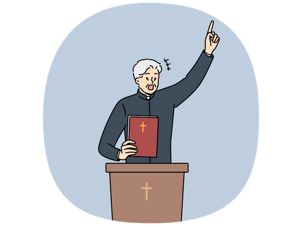 Padre com a Bíblia grita e fica atrás do pódio com crucifixo católico cristão  Ilustração