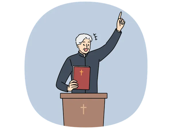 Padre com a Bíblia grita e fica atrás do pódio com crucifixo católico cristão  Ilustração