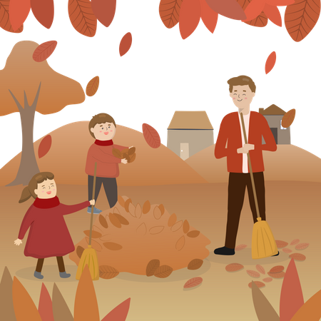 Padre con hija e hijo barriendo hojas  Ilustración
