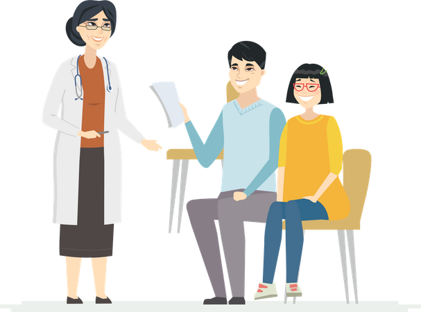 Padre con hija en médicos.  Ilustración