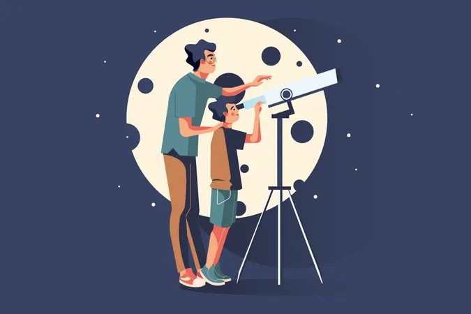 Padre con hijo explorando galaxias con telescopio  Ilustración