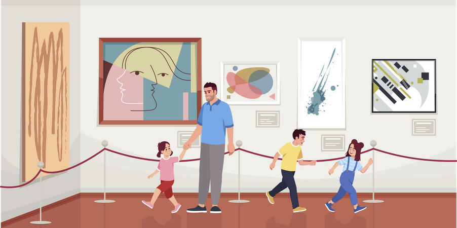 Padre con hijos en galería de arte moderno.  Illustration