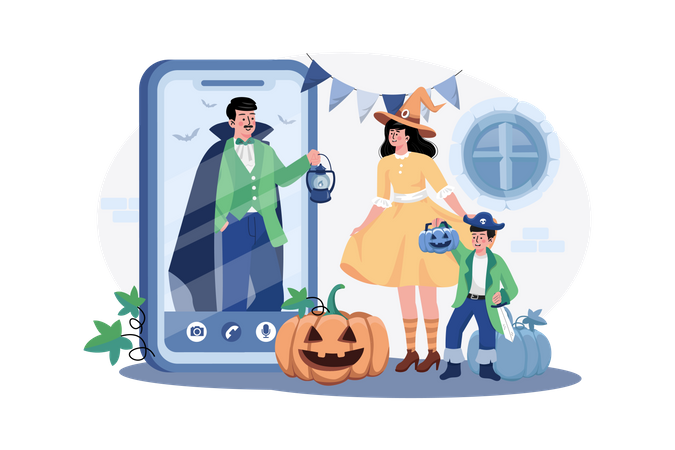 Padre deseando feliz Halloween a su familia a través de videollamada  Ilustración