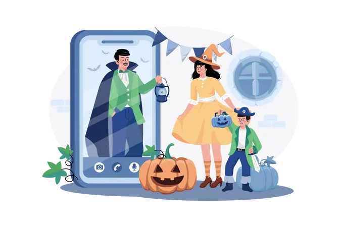 Padre deseando feliz Halloween a su familia a través de videollamada  Ilustración