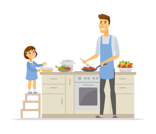 Padre e hija cocinando en la cocina.  Ilustración