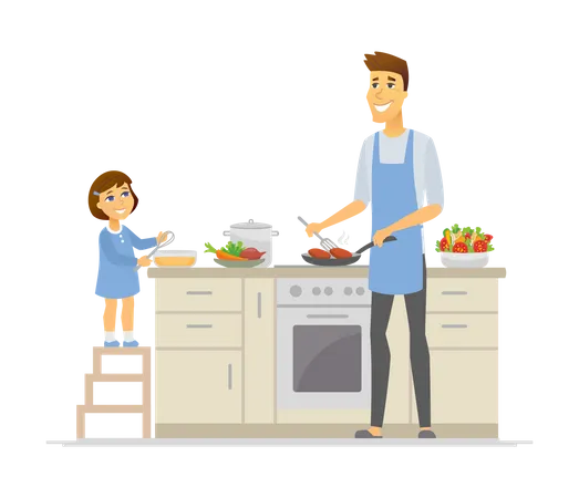 Padre e hija cocinando en la cocina.  Ilustración
