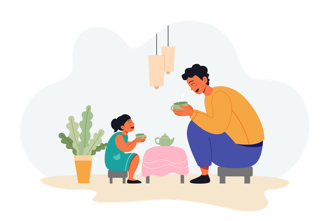 Padre e hija comiendo comida el día del padre  Ilustración