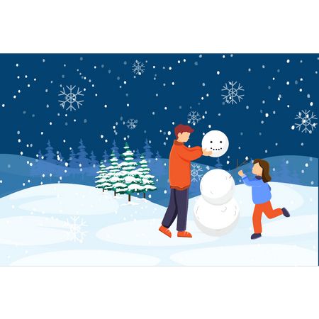 Padre e hija construyendo muñeco de nieve.  Ilustración