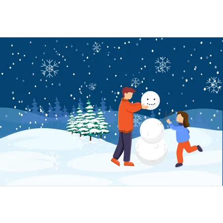 Padre e hija construyendo muñeco de nieve.  Ilustración