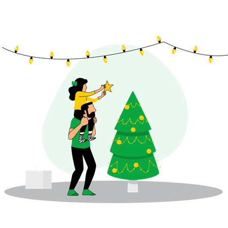 Padre e hija decoran el árbol de Navidad.  Ilustración