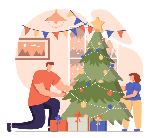 Padre e hija decorando el árbol de Navidad.  Ilustración