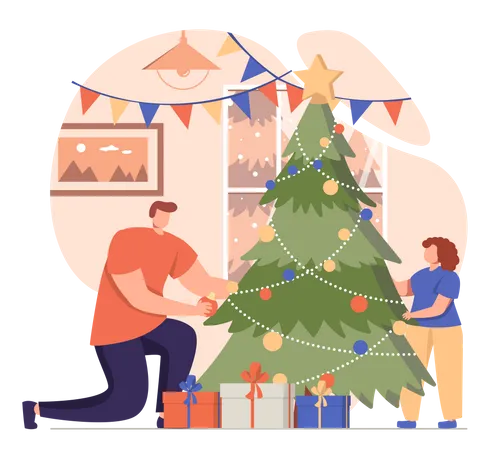 Padre e hija decorando el árbol de Navidad.  Ilustración