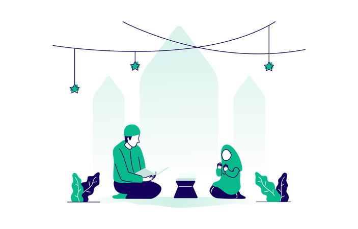 Padre e hija están orando leyendo el Corán  Ilustración