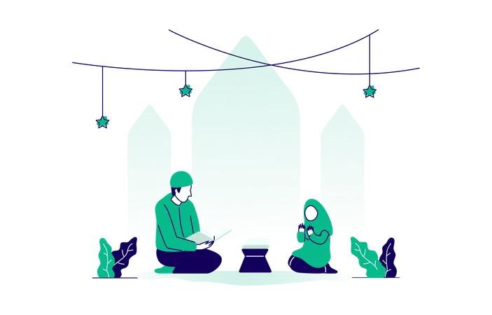Padre e hija están orando leyendo el Corán  Ilustración
