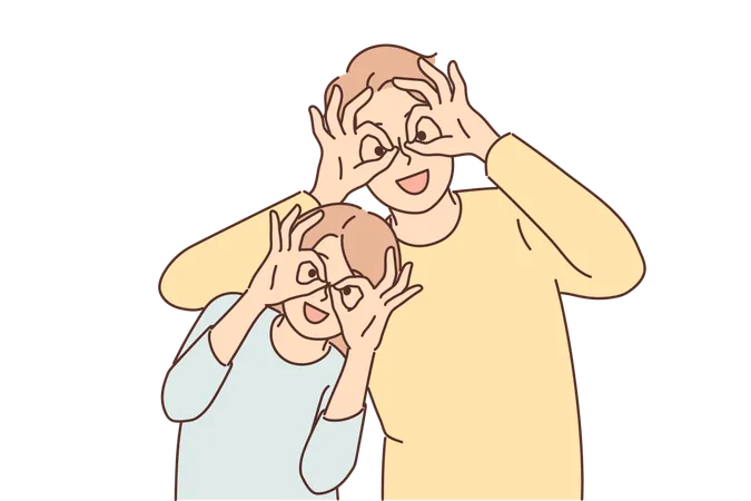Feliz padre e hija hacen muecas para divertirse poniéndose los dedos en los ojos en lugar de gafas  Ilustración