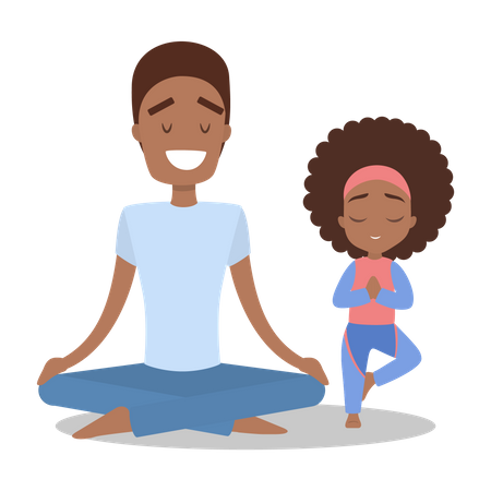 Padre e hija haciendo ejercicio de yoga.  Ilustración