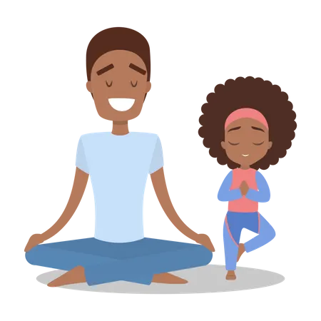 Padre e hija haciendo ejercicio de yoga.  Illustration