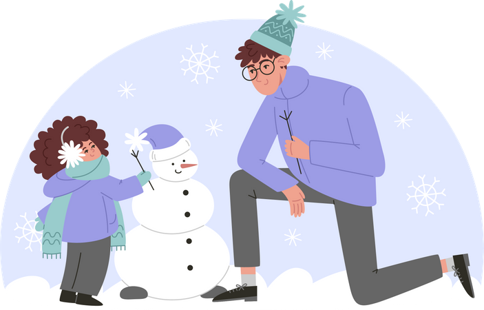 Padre e hija haciendo muñeco de nieve.  Ilustración