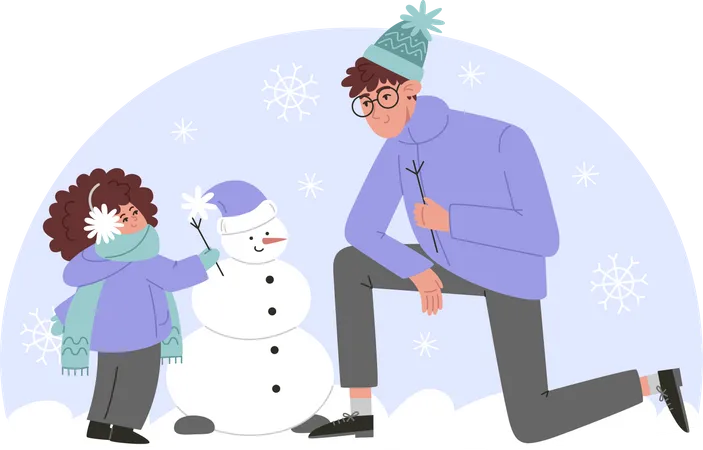 Padre e hija haciendo muñeco de nieve.  Ilustración